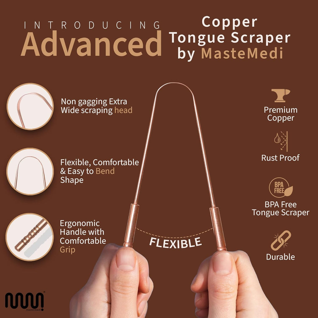 MasterMedi Pure Copper Tongue Scraper for Adults, Tongue Scrubber for Bad Breath, Easy to Use, Tongue Cleaner for Oral Care & Hygiene (Copper Pack of 3)