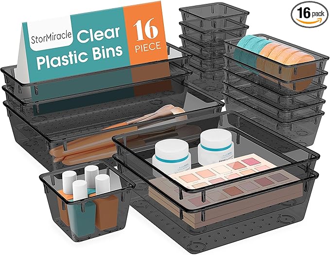 16 PCS Drawer Organizer Set, 5 Varied Size Bathroom and kitchen Drawer cabinet organizer Trays, Clear Storage Bins for Makeup, Jewelry, Utensils and Gadgets, Black