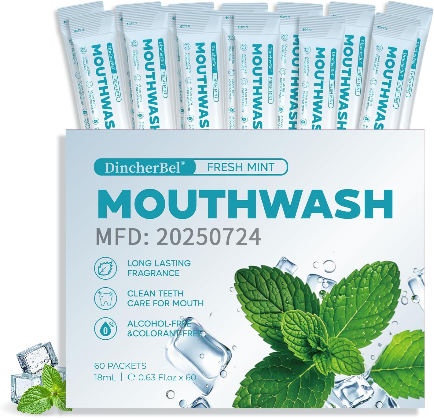 Travel-Size Alcohol & Fluoride Free Mint Mouthwash Packets, 60 Individually Wrapped Portable Packs for Adults, Fresh Breath Mint Flavored Mouthwash for Oral Hygiene, 0.63 Fl Oz Each