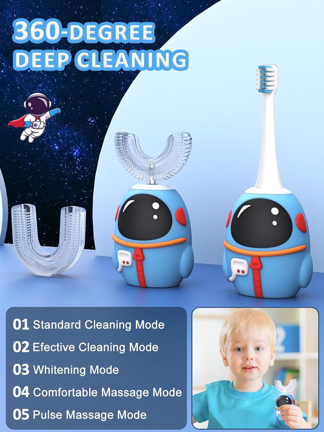 FTOYIN Kids Electric Toothbrush with 3 Brush Heads, U Shaped Ultrasonic Toothbrush Kids with 5 Modes, 45s Smart Reminder, 360-Degree Automatic Cleaning, IPX7 Waterproof Design