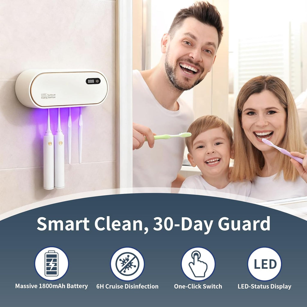 UV Toothbrush Cleaner and Holder with Air Drying & LED Smart Screen, 4 Slot Family Size Electric Toothbrush Organizer Wall Mounted No Drill for Bathroom