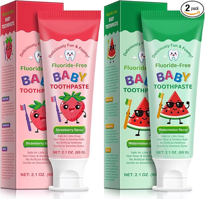 2PACK Kids Toothpaste Watermelon and Strawberry Flavor, Swallowable Toothpaste with xylitol and Vitamin E, Fights Plaque, Designed for Children, 2.1OZ