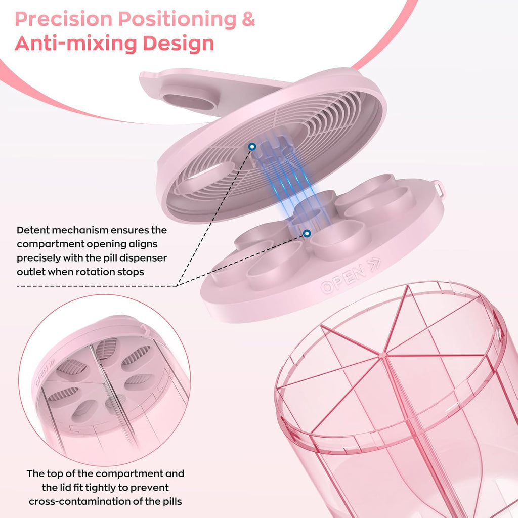 Pill Dispenser with 7 Large Compartments, 4.4" H x 3.6" Dia Pill Organizer for Travel, Supplement Organizer with Anti-Mixing Design, BPA-Free Pill Container with 20 Pcs Labels, Pink