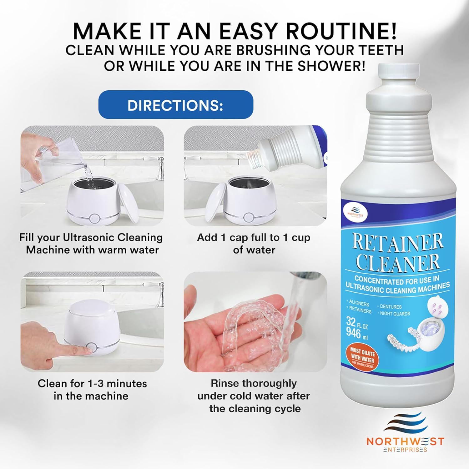 NORTHWEST ENTERPRISES Ultrasonic Retainer Cleaner Solution Concentrate - Denture Cleaner for Ultrasonic Machines - Cleans Mouthguards, Invisalign and Nightguards - Odor, Stain & Discoloration Remover