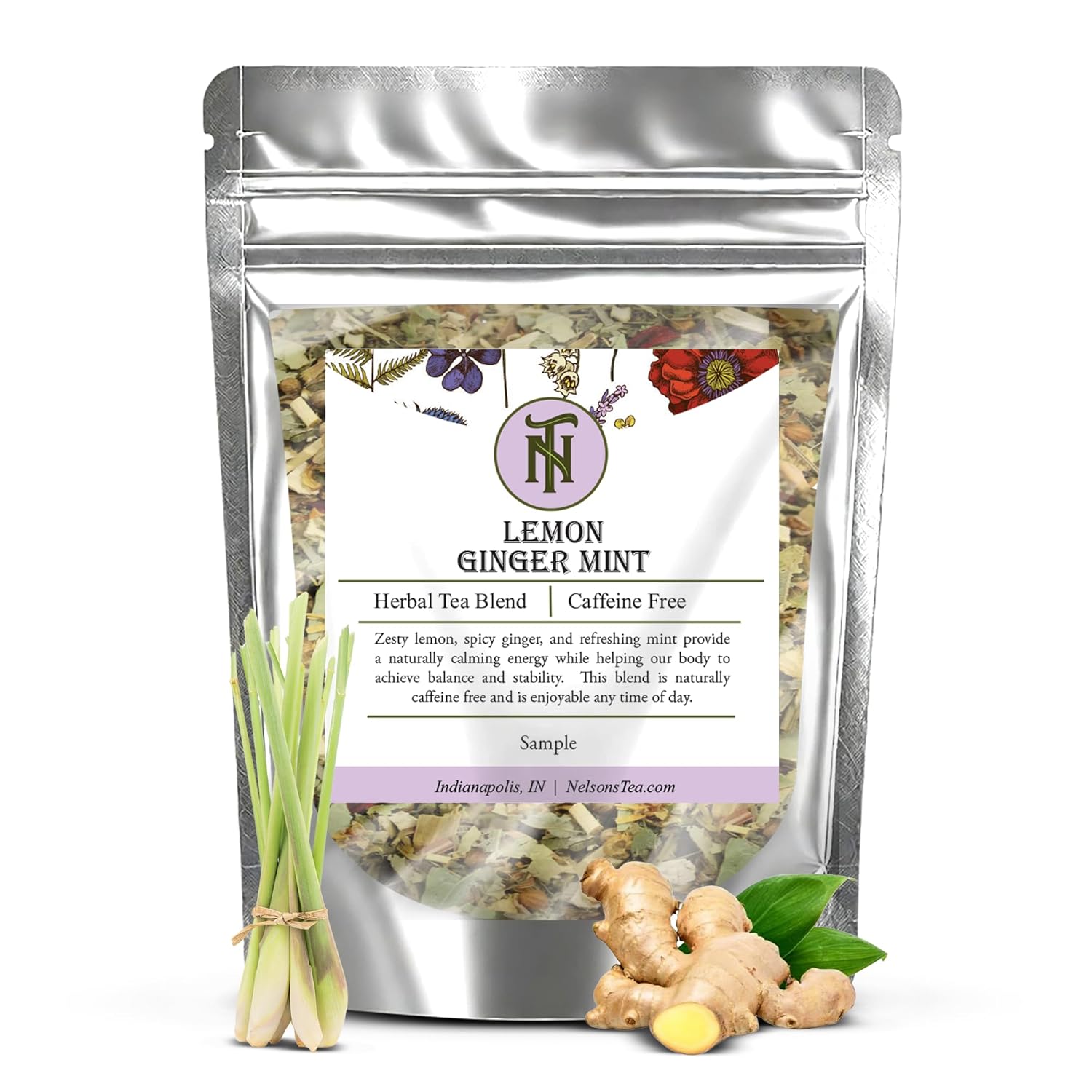 Nelson's Tea - Lemon Ginger Mint - Herbal Loose Leaf Tea - Caffeine Free - Peppermint leaf, oat straw, marshmallow root, lemongrass, spearmint leaf, lemon verbena, and lemon balm (Sample 0.3 Oz)
