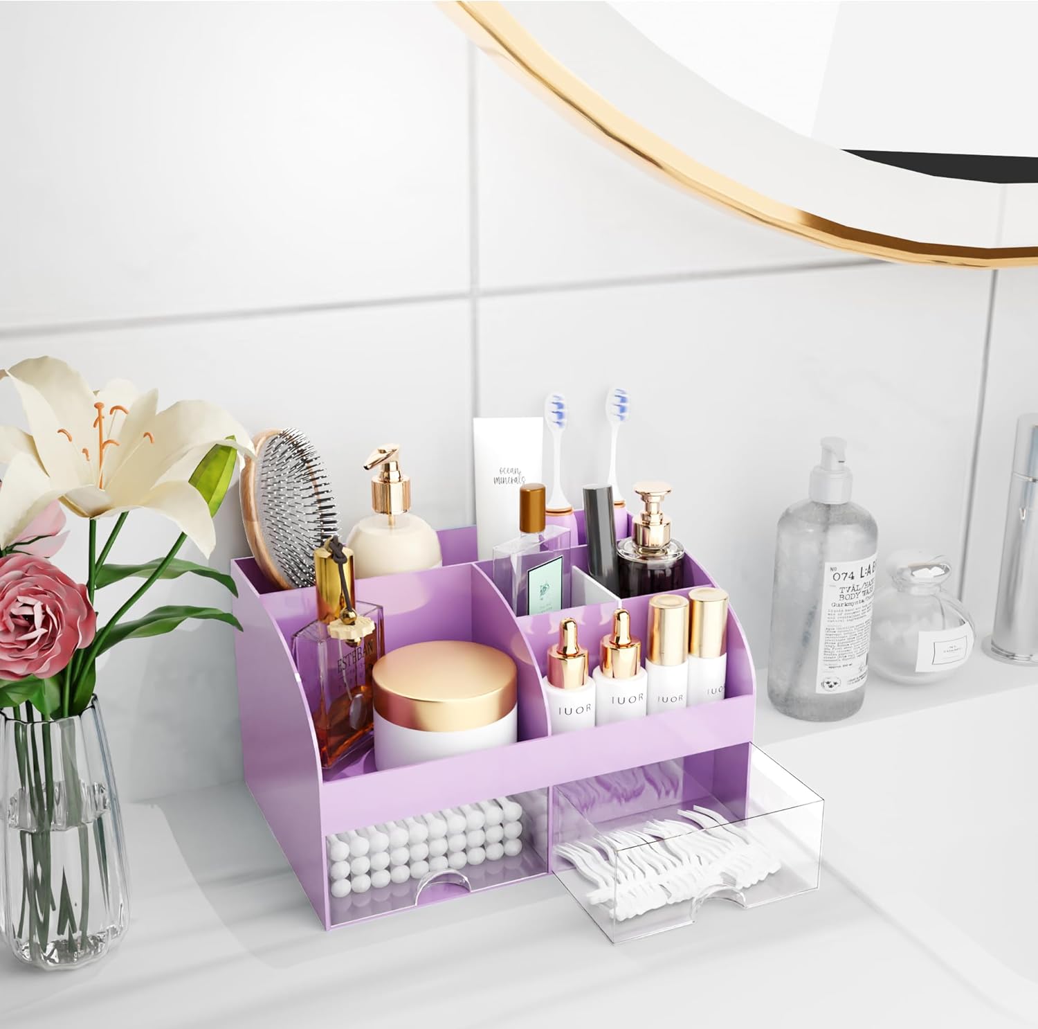 Makeup Organizer with Drawers, Cosmetic Storage for Dresser Vanity and Bathroom Countertop, Beauty Holder for Lipstick Brush, Skincare Organizer for Vanity, Cosmetic Display Case (Purple)