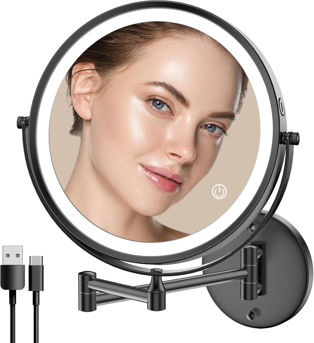 Rocollos 9" Wall Mounted Lighted Makeup Mirror, Large Double Sided 1X/10X Magnifying Mirror, 3 Color LED Vanity Mirror, Touch Dimmable 360° Swivel Light Up for Bathroom