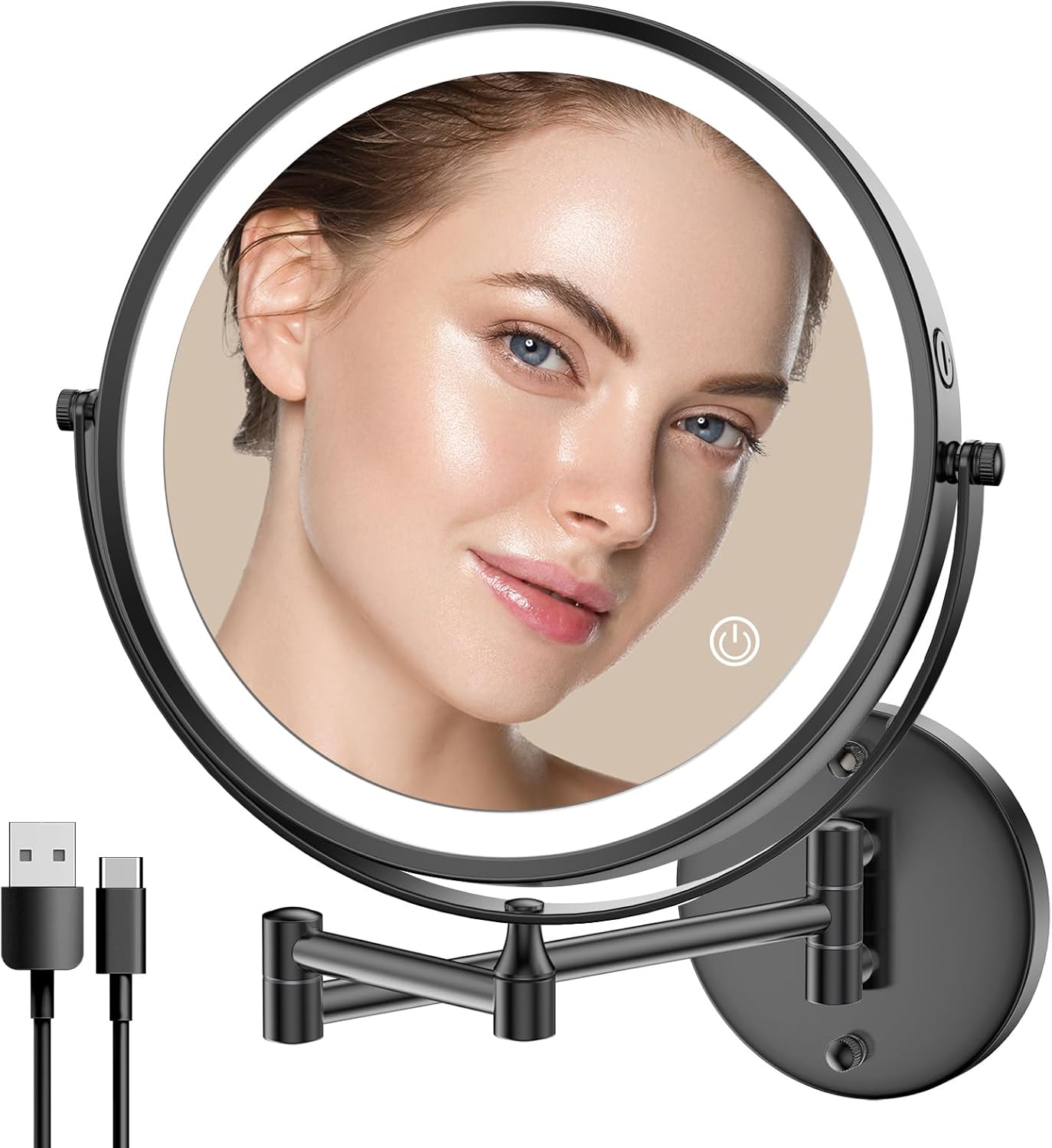 Rocollos 9" Wall Mounted Lighted Makeup Mirror, Large Double Sided 1X/10X Magnifying Mirror, 3 Color LED Vanity Mirror, Touch Dimmable 360° Swivel Light Up for Bathroom