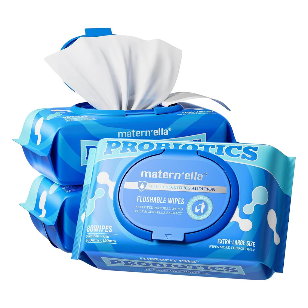 matern'ella Flushable Wipes Extra Large Corner-Connected Wet Wipes Plant Based Fibers With Probiotics Fragrance Free Sewer Safe Butt Wipe Adult 3 Packs of 80