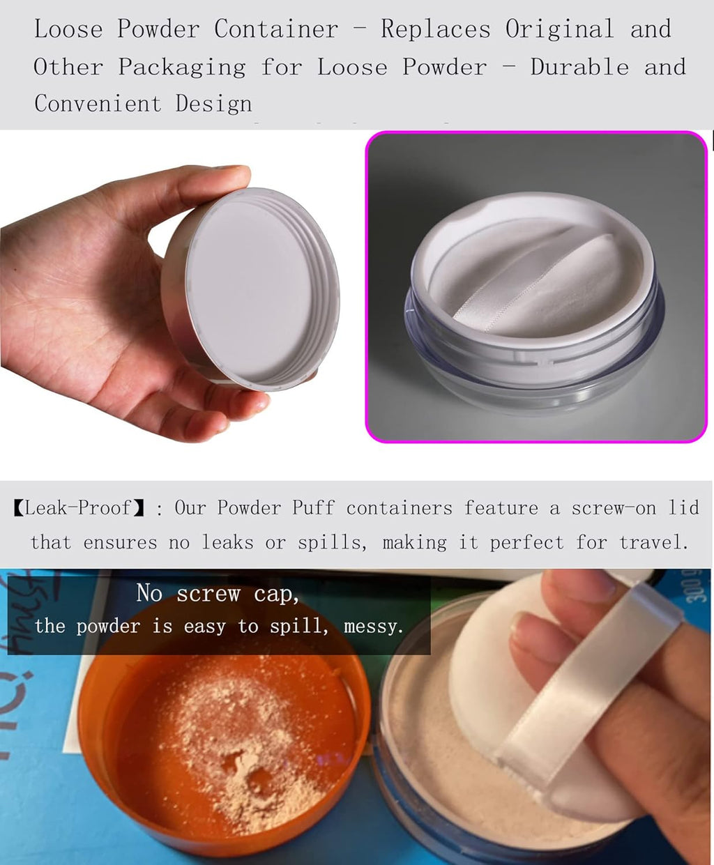 Powder Puff Reusable Empty Makeup Container with Elasticated Net Sifter for Setting Powder, Face Powder, Travel and Daily Use