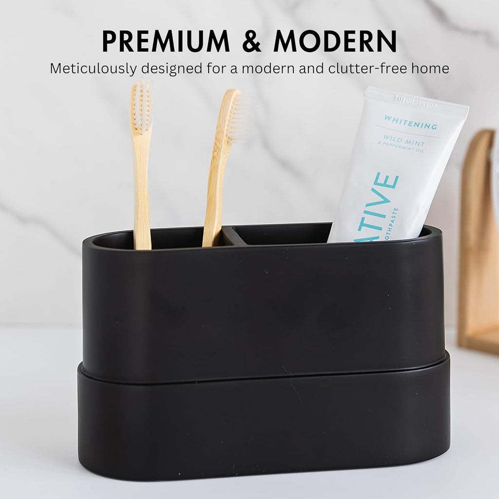 Matte Black Large Toothbrush and Toothpaste Holder and Cup for Bathroom Vanity and Countertop, 2 Compartment Organizer for Electric Toothbrushes, Floss, Razors, Cotton, and Mouthwash - YEW DESIGN