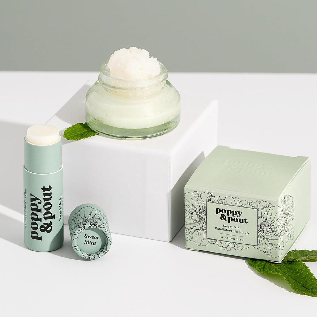 Poppy & Pout Lip Care Set | Lip Balm & Scrub | Sustainable Cardboard Tubes & Glass Jars, All Natural, Beeswax, Coconut Oil, Cruelty Free, Exfoliating & Moisturizing Lip Treatment (Sweet Mint)