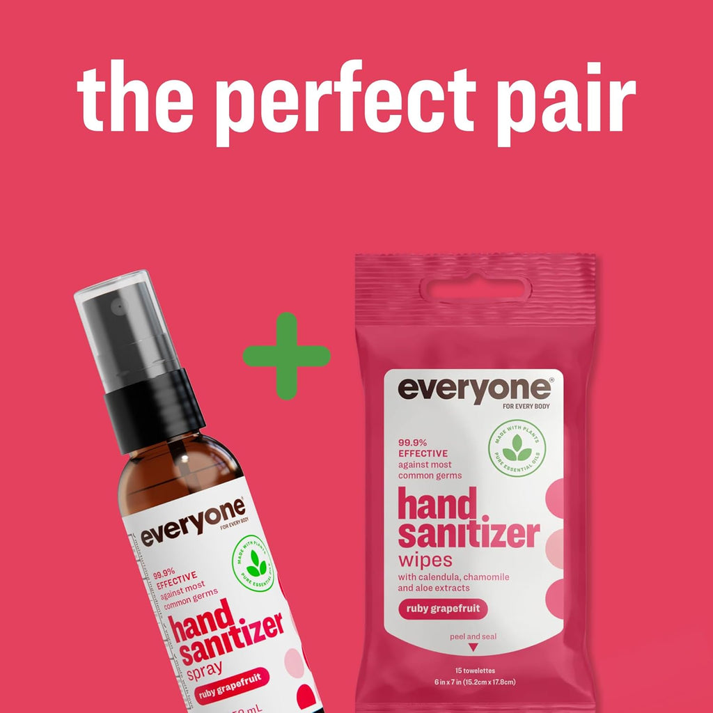 Everyone Hand Sanitizer Wipes, 15 Wipes (Pack of 6), Ruby Grapefruit, Made with Sugarcane Derived Alcohol with Essential Oils, TSA friendly