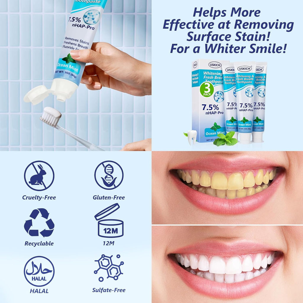3 Pack Natural Whitening Fluoride Toothpaste,Whitening Toothpastes with Ocean Mint,Nano Hydroxyapatite Toothpaste, Appropriate for Sensitive Teeth - for Adult, Kids Oral Care,3 Oz Tubes