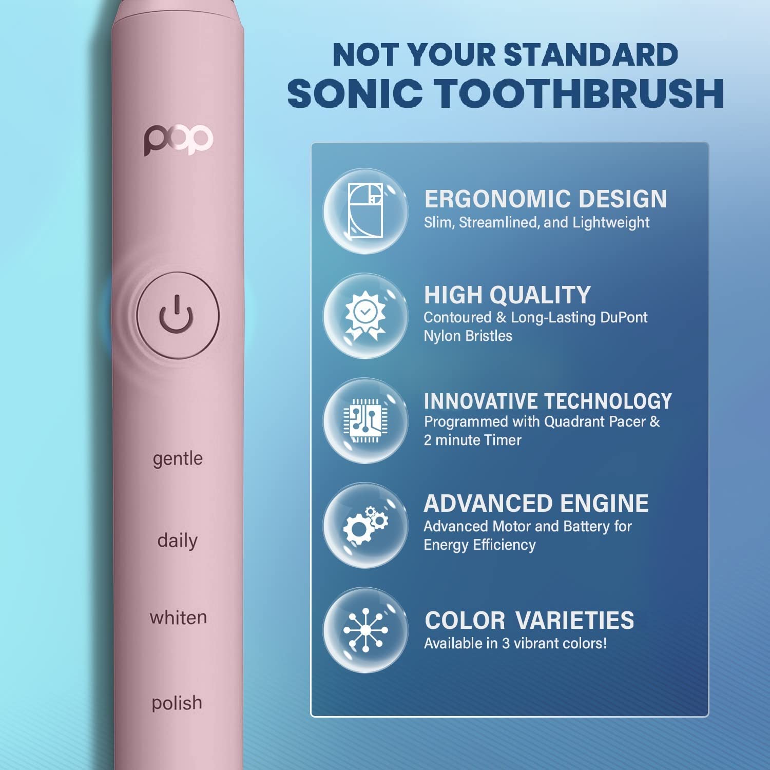Pop Sonic Pro 2.0 Electric Toothbrush (Pink) Rechargeable Sonic Toothbrush with 45,000 Vibrations Per Minute & 4 Cleaning Modes for Adults & Kids with Long Lasting Dupont Nylon Bristles