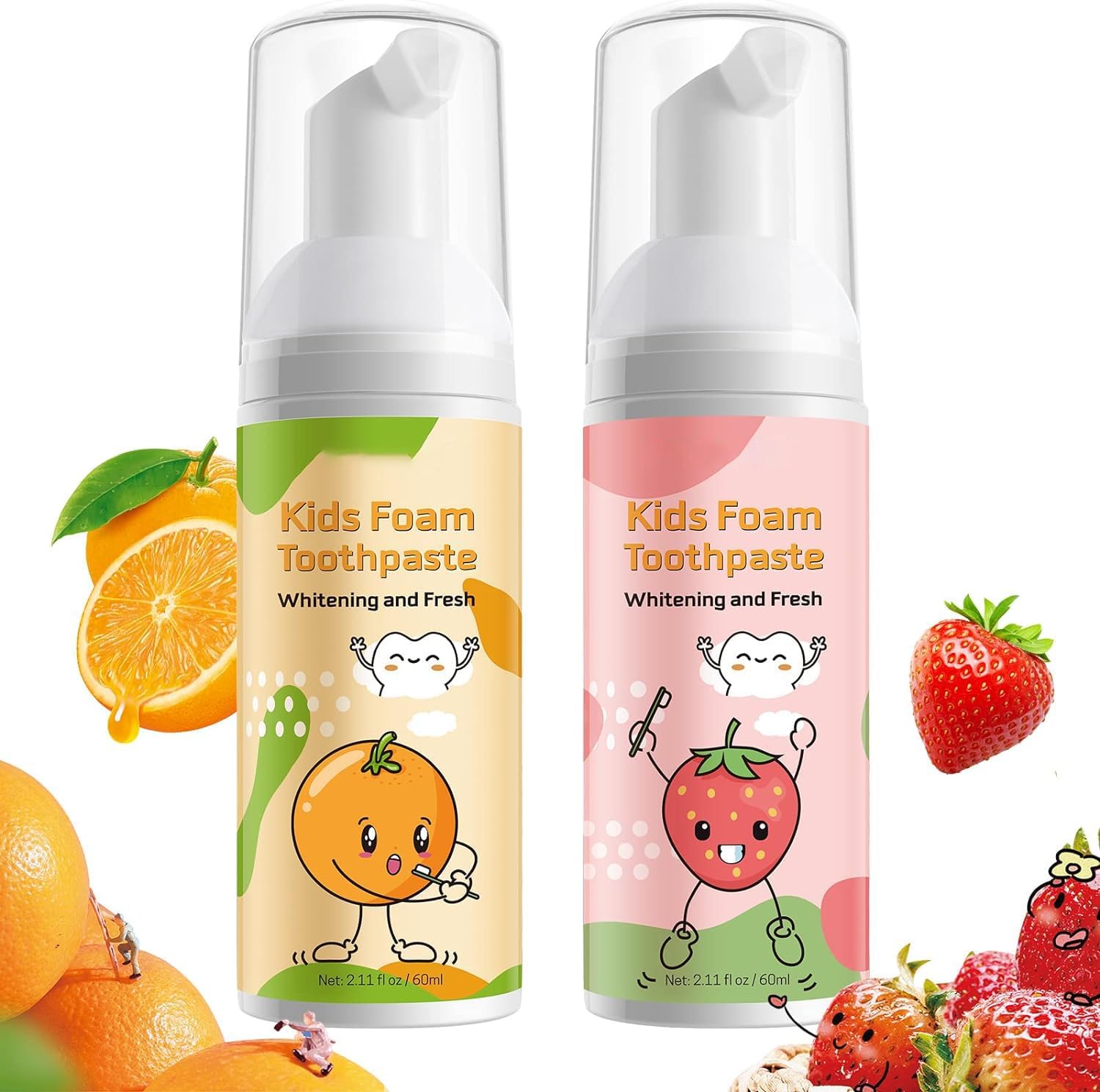 Foam Toothpaste Kids 2PCS, Toddler Toothpaste Cavity Protection with Gentle Formula 360º Care Natural, Teeth Whitening Toothpaste Fluoride Free for Electric & U-Shape Toothbrushes(Strawberry &Orange)