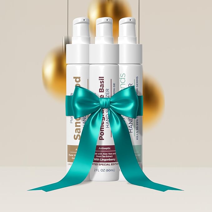 Warm & Cozy Limited Edition Holiday Variety 3pk Hand Sanitizer | Sandalwood and Pomegranate Basil Lotions, 3-Mint Gel | Travel Size | Made with Aloe Vera & Essential Oils | Rich in Vitamin E