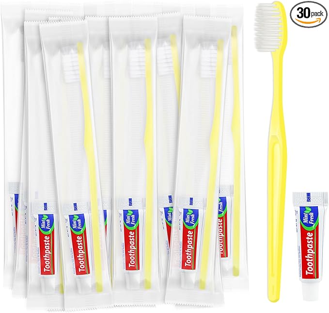 Yellow Disposable Toothbrushes with Toothpaste - Pack of 30,Individually Wrapped Single Use Travel Toothbrushes Kit Bulk for Homeless,Guests,Hotel,Dentist