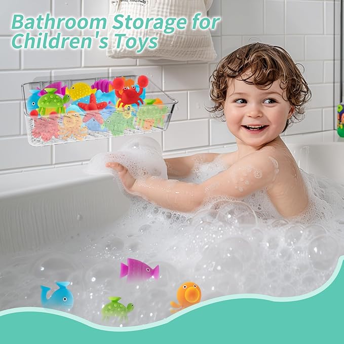 2 Pack Bath Toy Storage Holder Bathtub Toy Organizer, Clear Bath Organizer Wall Mounted, Quick-Dry Bathtub Storage with Drain Holes, Easy Install and Clean Shower Caddy for Bathroom
