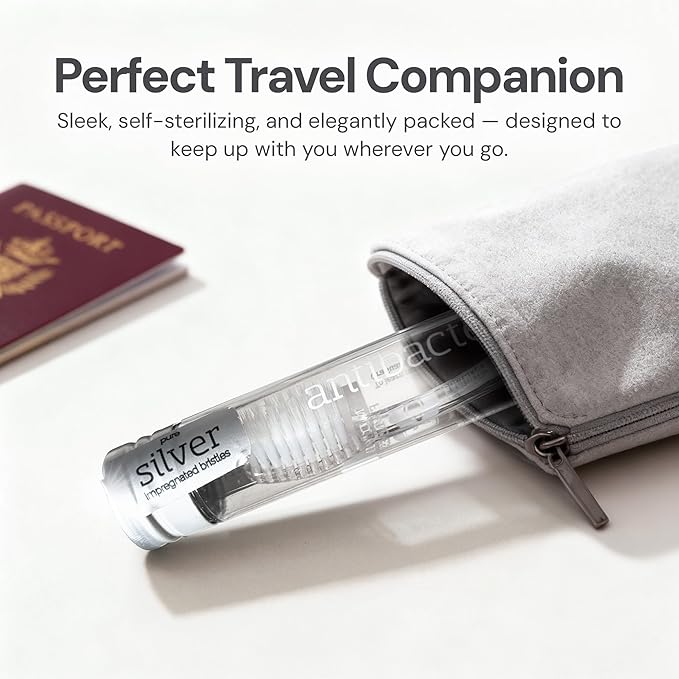 Nano-b Manual Toothbrush Set for Adults with Sensitive Gums, Silver Soft/Medium Bristles, Travel Cases, Blue, Pink, Green, Crystal, 4-Pack