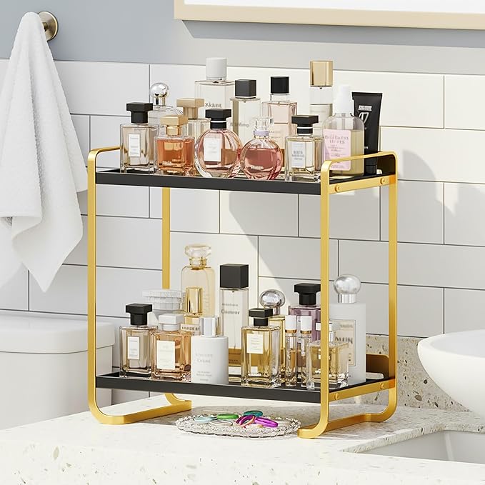 2-Tier Black and Gold Carbon Steel Bathroom Counter Organizer - Skincare Cosmetic Display Tray for Perfume, Makeup, Bathroom, and Vanity Storage - Modern Countertop Organizer and Vanity Decor
