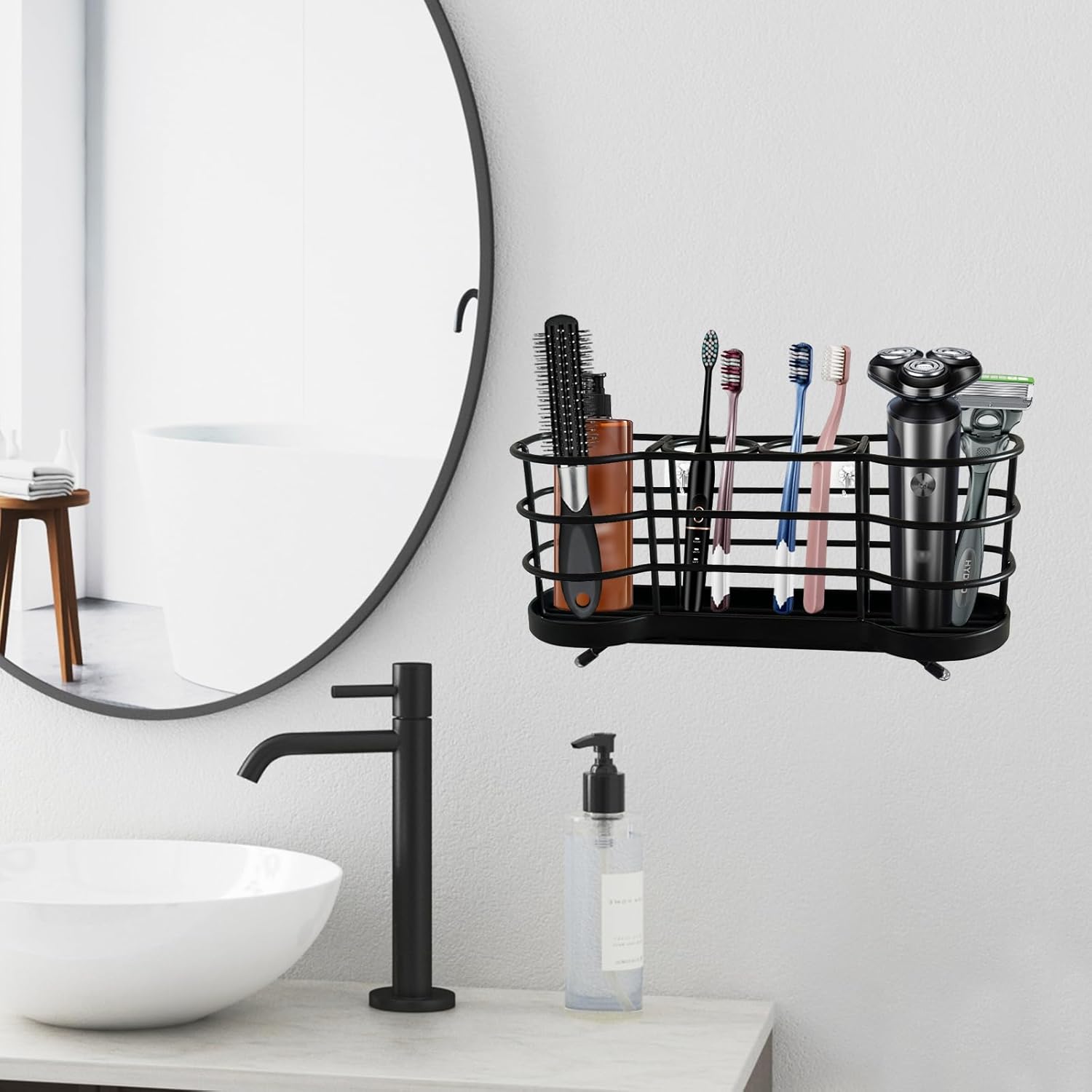 Wall Mount Toothbrush Holder for Shower Stainless Steel Toothbrush Stand, Self-Adhesive Wallmount/Countertop 4 Slots Bathroom Accessories Organizer (Black)