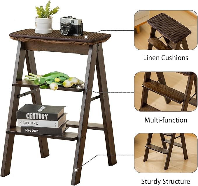 Latifolia Foldable 3 Step Ladder, Bamboo Step Stool with Floor Saver, Decorative Ladder Shelf for Living Room, Kitchen, Garden(Dark Walnut)
