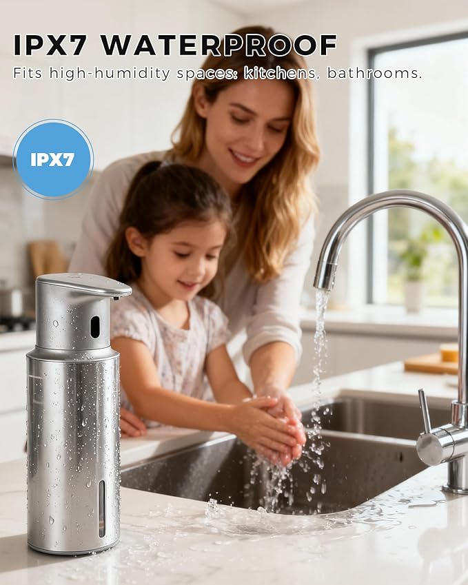 Automatic Liquid Soap Dispenser Touchless, 16.2oz/480ml Rechargeable, 3 Adjustable Liquid Levels, IPX7 Waterproof, for Kitchen Bathroom, Stainless Steel