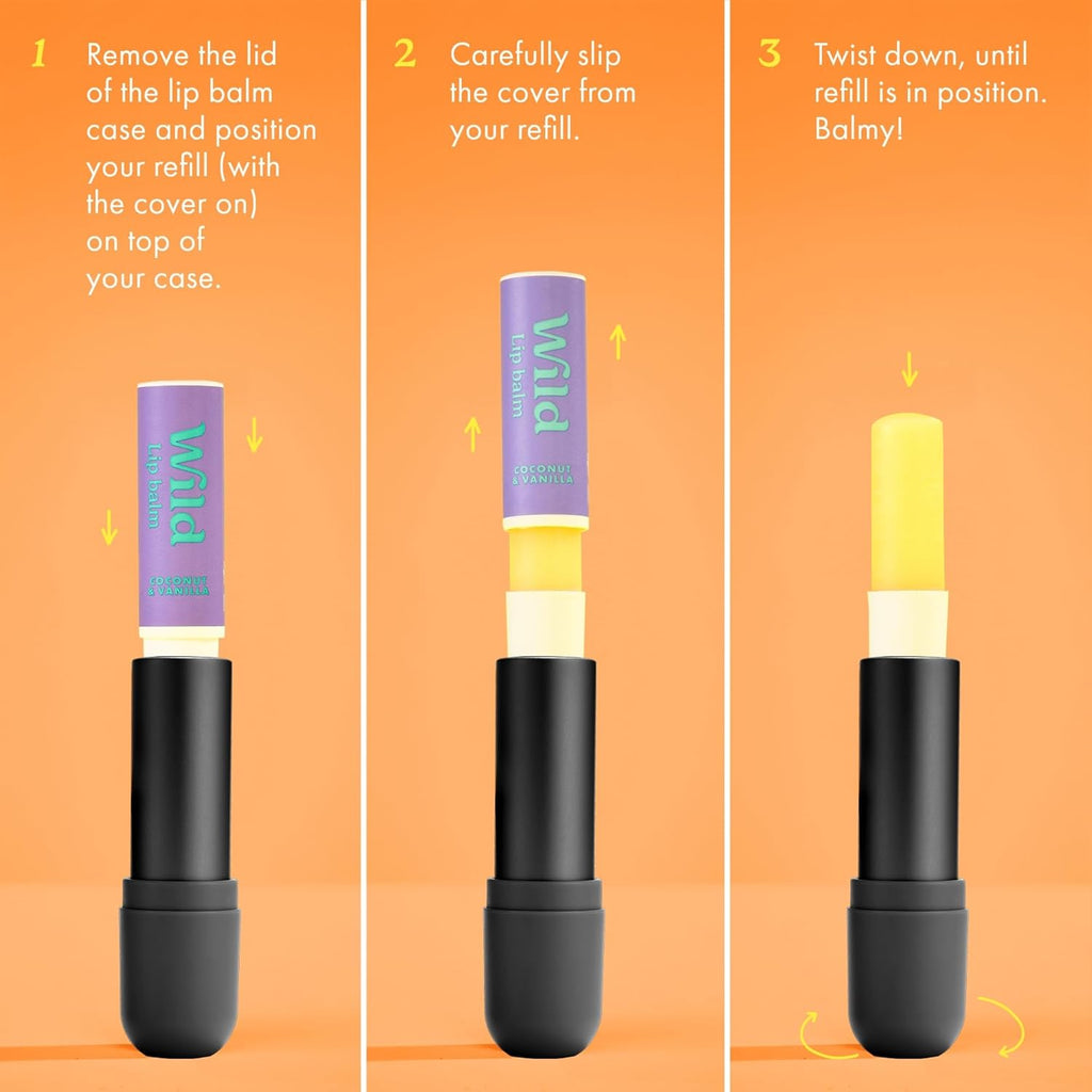 Wild Refillable Lip Balm Starter Kit - Includes Black Aluminum Case & 3 Pack Lip Balm Refills in a Variety of Scents - Includes Passionfruit Swirl, Original and Coconut & Vanilla Scents