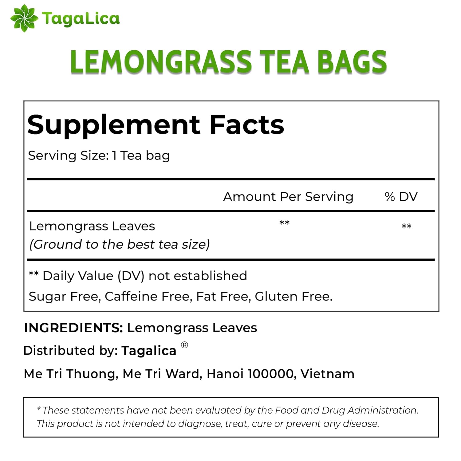 135 Lemongrass Tea Bags, 100% Natural & Pure Lemongrass leaves, Eco-Conscious Tea Bags, Lemongrass Herbal Tea. Lemongrass Leaf Tea. No Sugar, No Caffeine, No Gluten, Vegan.