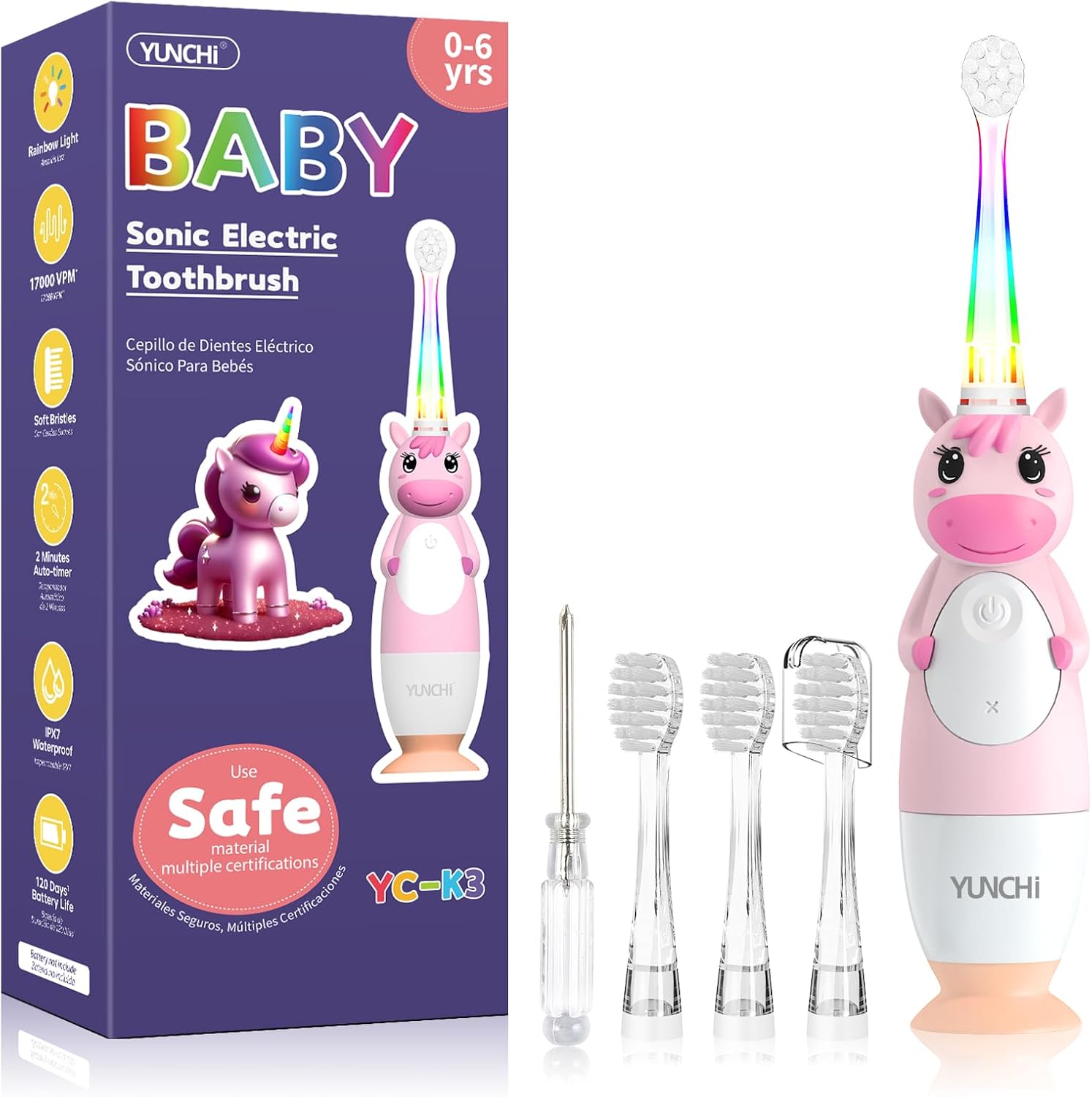 YUNCHI Toddler Electric Toothbrush Kids 0-3-6 Years, Baby Electric Toothbrush with Colorful LED Light, Battery Powered Toddler Toothbrush with 2 Minutes Timer 4 Brush Heads, Infant Toothbrush (Pink)