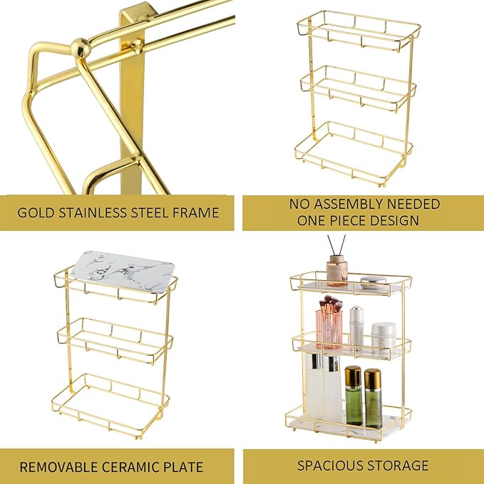 Bathroom Organizer Countertop Perfume Organizer Makeup Organizer Cosmetics Storage Display Rack Vanity Tray Dresser Stainless Steel Gold Shelf White Marble Ceramic Tray