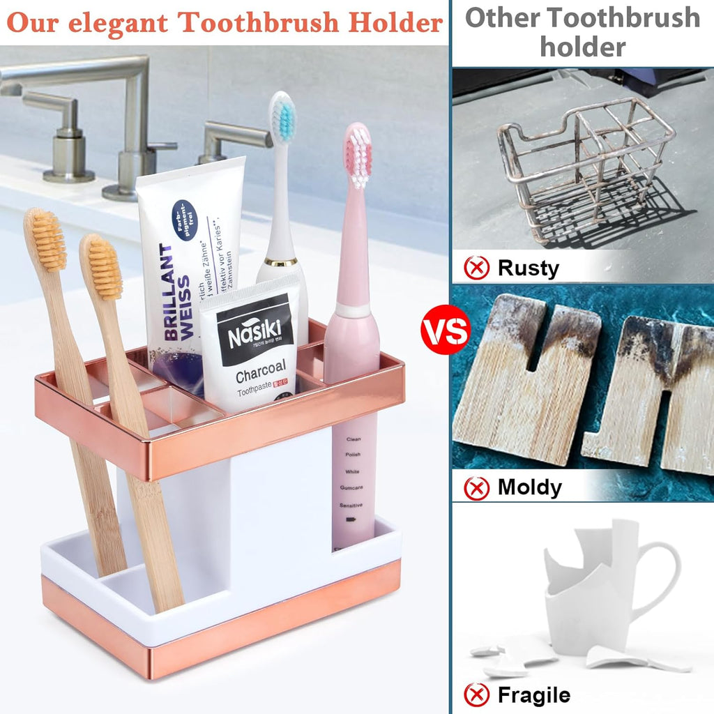 Chintu Kids Toothbrush Holder Set Rust Free Family Toothpaste Holder for Bathroom Countertop, Plastic Toothbrush Organizer Stand, Electric Toothbrush Holder Bathroom Shower Accessories Withe/Rose Gold