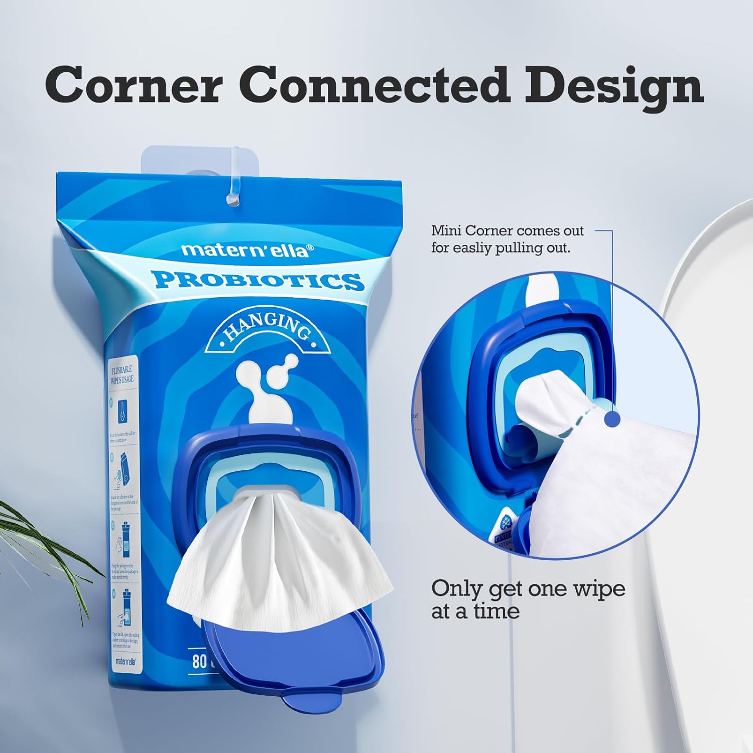 matern'ella Hanging Flushable Wipes Unscented Extra Large Corner-Connected Wet Wipes Adult Plant Based Fibers with Probiotics Alcohol Free Sewer Safe Butt Wipe Travel 8 Packs 640 Wipes