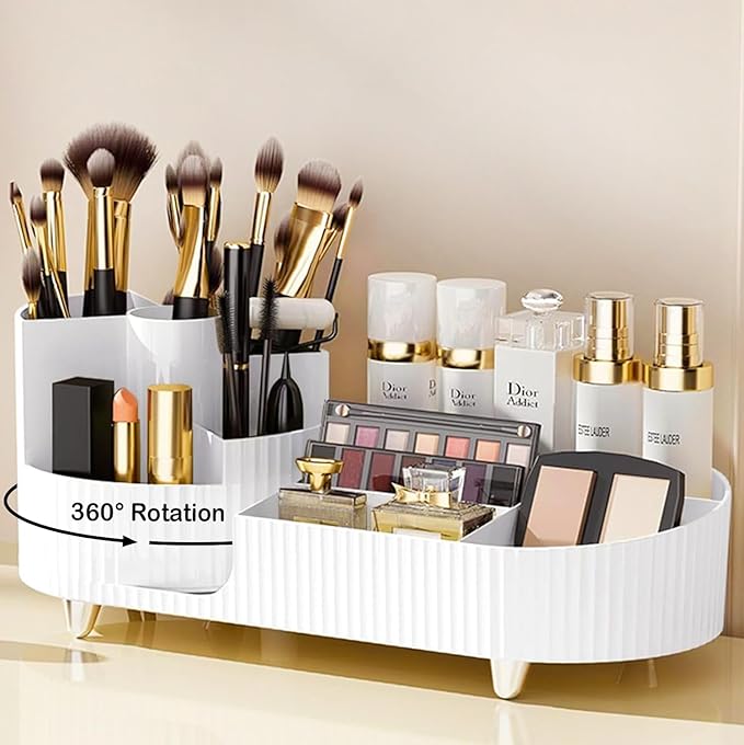 Rotating Vanity Organizer with Brush Holder, Large Spinning Makeup Skincare & Cosmetic Organizer, Countertop Perfume & Lotions Display Case (White)
