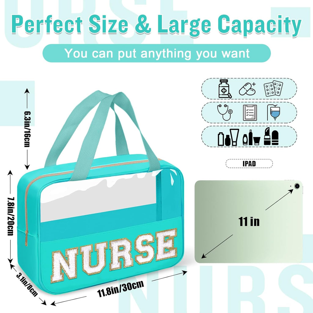 Nurses Week Gifts Chenille Letter NURSE Makeup Bag for Women,Preppy Nurse Cosmetic Pouch Zipper with Handle Nurse Essentials Bag for Work Supplies,Medical Assistant Bag Nursing Students(NURSE-Green)