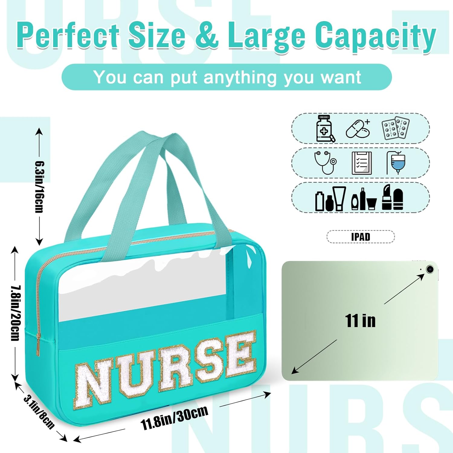 Nurses Week Gifts Chenille Letter NURSE Makeup Bag for Women,Preppy Nurse Cosmetic Pouch Zipper with Handle Nurse Essentials Bag for Work Supplies,Medical Assistant Bag Nursing Students(NURSE-Green)