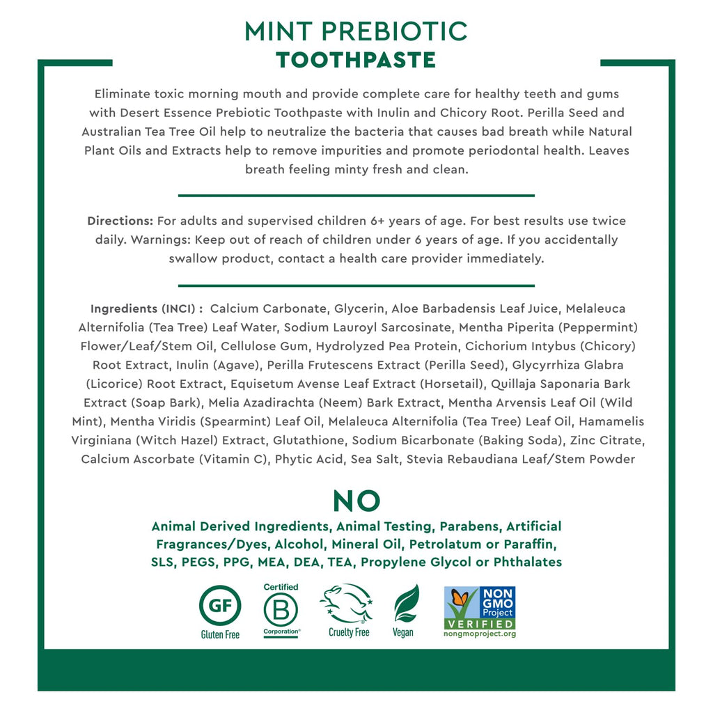 Desert Essence Prebiotic Plant-Based Whitening Toothpaste - Mint - Oral Care with Inulin, Perilla Seed & Aloe - Vegan, Fluoride Free, Non-GMO, Gluten-Free, Cruelty-Free - 6.25 oz