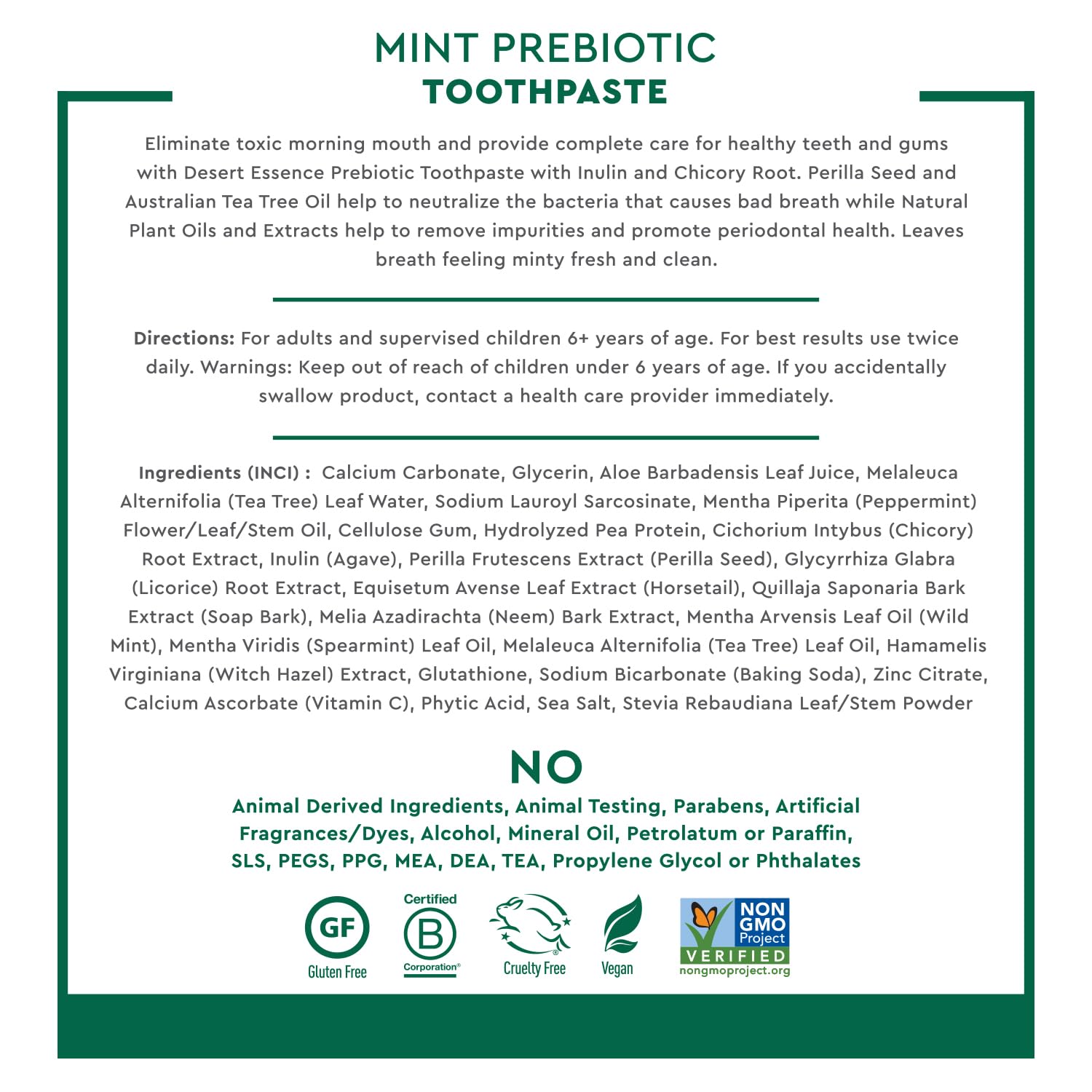 Desert Essence Prebiotic Plant-Based Whitening Toothpaste - Mint - Oral Care with Inulin, Perilla Seed & Aloe - Vegan, Fluoride Free, Non-GMO, Gluten-Free, Cruelty-Free - 6.25 oz