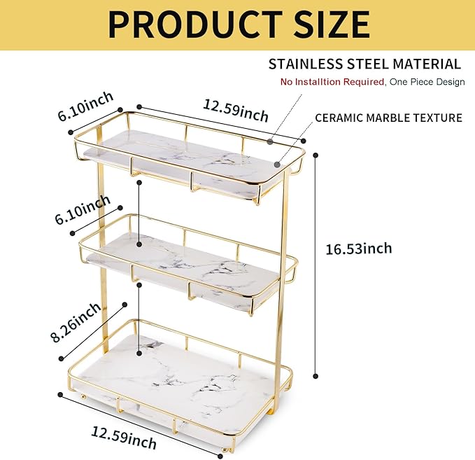 Bathroom Organizer Countertop Perfume Organizer Makeup Organizer Cosmetics Storage Display Rack Vanity Tray Dresser Stainless Steel Gold Shelf White Marble Ceramic Tray