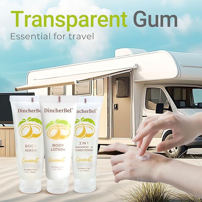 Travel Size Toiletries Kits, Bulk Mini Hotel Guest Amenities (Tropical Coconut, 1oz each), 3-Piece Sets Refreshing Coconut Scent - 50 Shampoo & Conditioner 2 in 1, 50 Body Wash and 50 Body Lotion