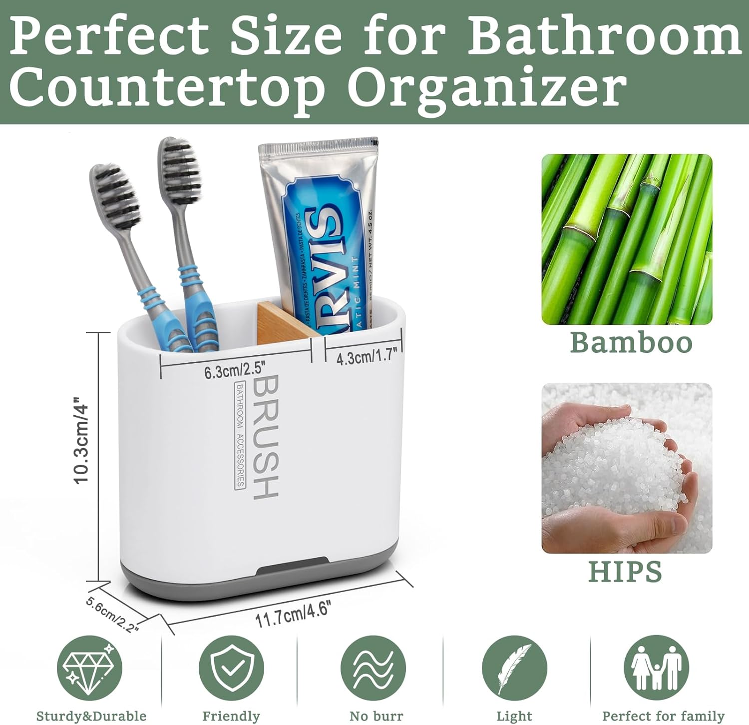 Toothbrush and Toothpaste Holder with Bamboo Divider for Bathroom Countertop Organizer, Detachable for Easy Clean, 2 Slots Electric Toothbrush Holders Storage Caddy Drainage for Family-White