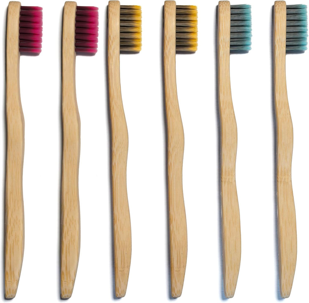 Children Bamboo Toothbrushes for 3 y+ Tots, BPA Free Bristles, Medium Soft, 6 PCS Bamboo Toothbrush for Dental Hygiene, Compostable and Sustainable, Ergonomic Wave-Shaped Handle