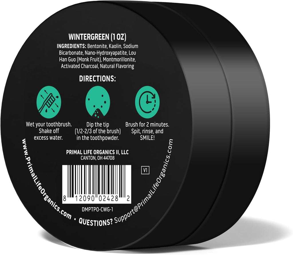 Primal Life Organics - Dirty Mouth Toothpowder, Activated Charcoal Tooth Cleaning Powder, Essential Oils Natural Kaolin & Bentonite Clay, 200+ Brushings Organic Vegan (Charcoal Wintergreen, 1 oz)