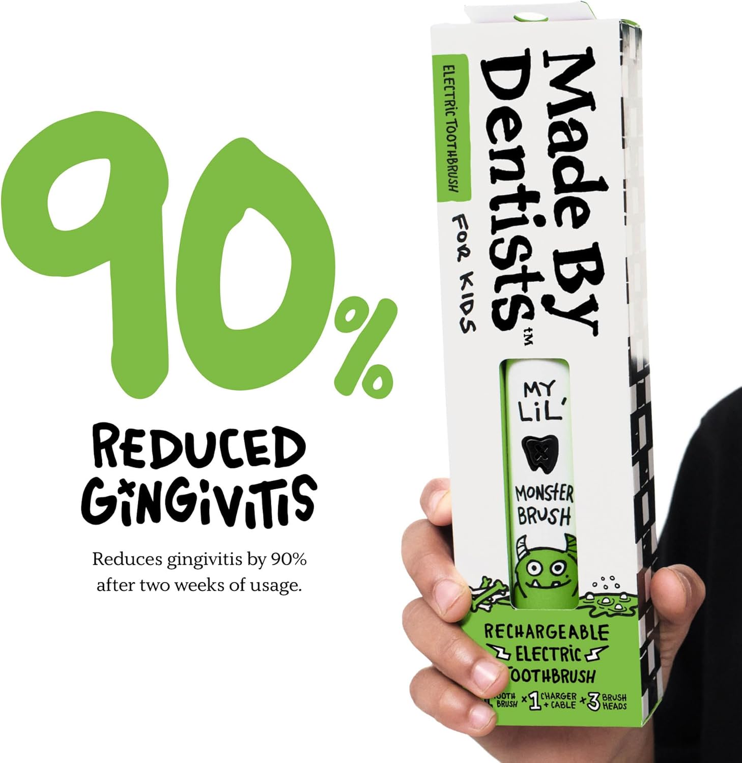 Made by Dentists Kids Electric Toothbrush - Rechargeable Vibrating Toothbrush with Timer, Includes 6 Replacement Heads, Halloween Gifts for Kids, Girls and Boys, Kid & Toddlers Age 2+, Monster