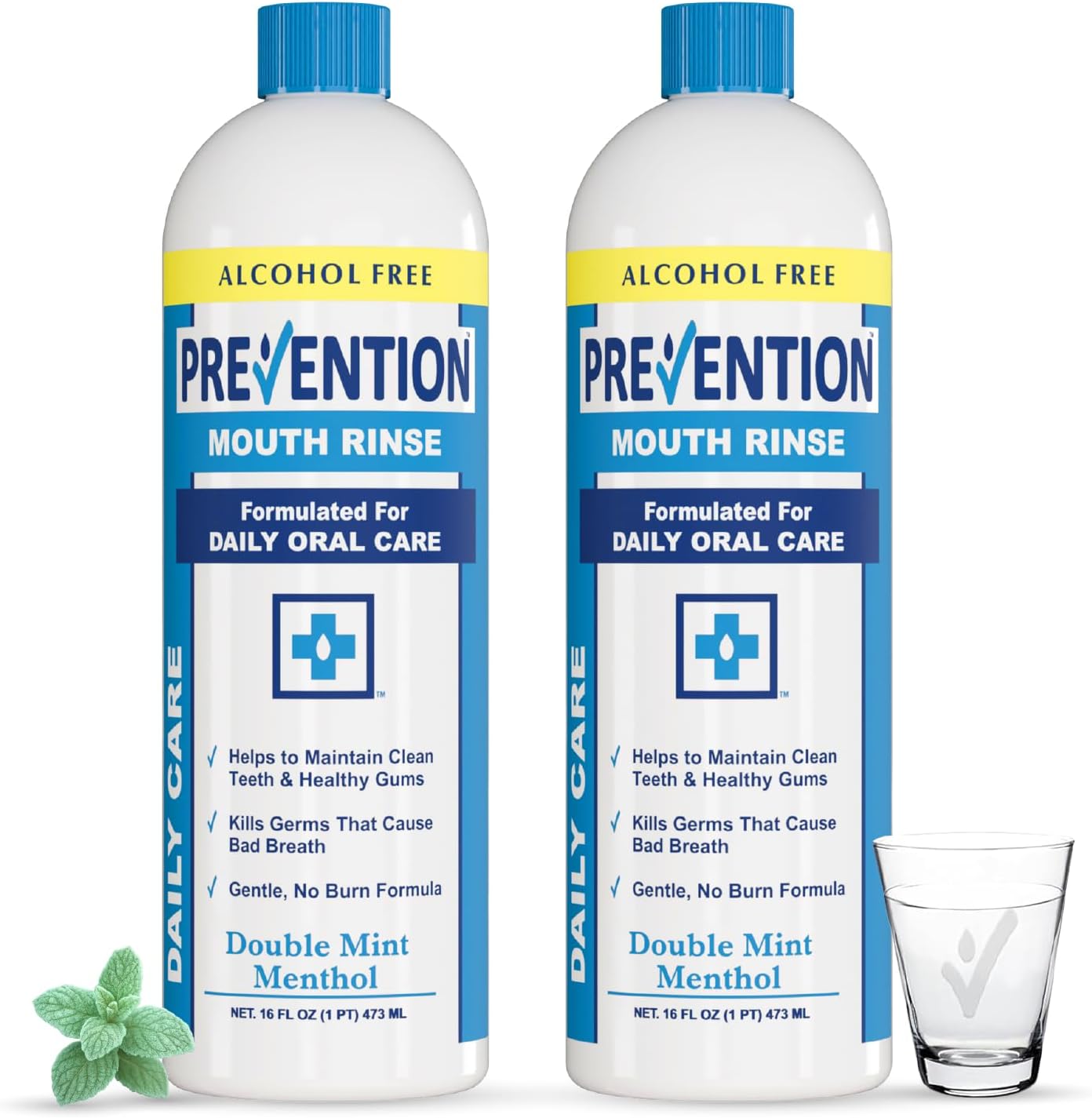 Prevention Daily Care Alcohol-Free Mouthwash, Hydrogen Peroxide Teeth Whitening with Soothing Double Mint for Bad Breath Treatment, Fluoride-Free Gum Care Oral Mouth Rinse 16 oz 2 Pack