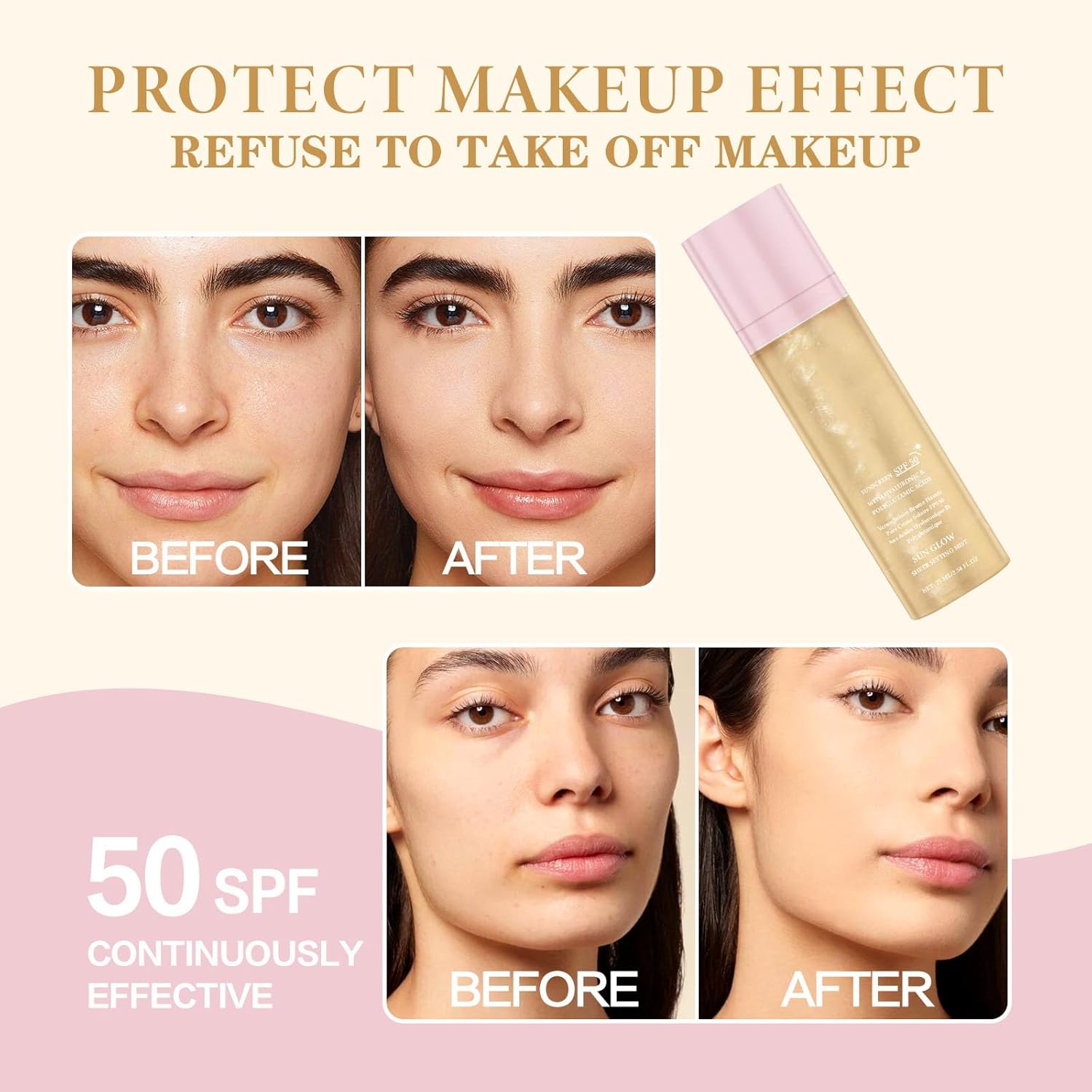 Sheer Setting Mist Sunscreen SPF 50 for Face & Body, Broad Spectrum Shimmering Body Oil Mist, Hydrating Makeup Friendly Glow Spray, Non-Greasy, Fast-Absorbing, Waterproof Long Lasting