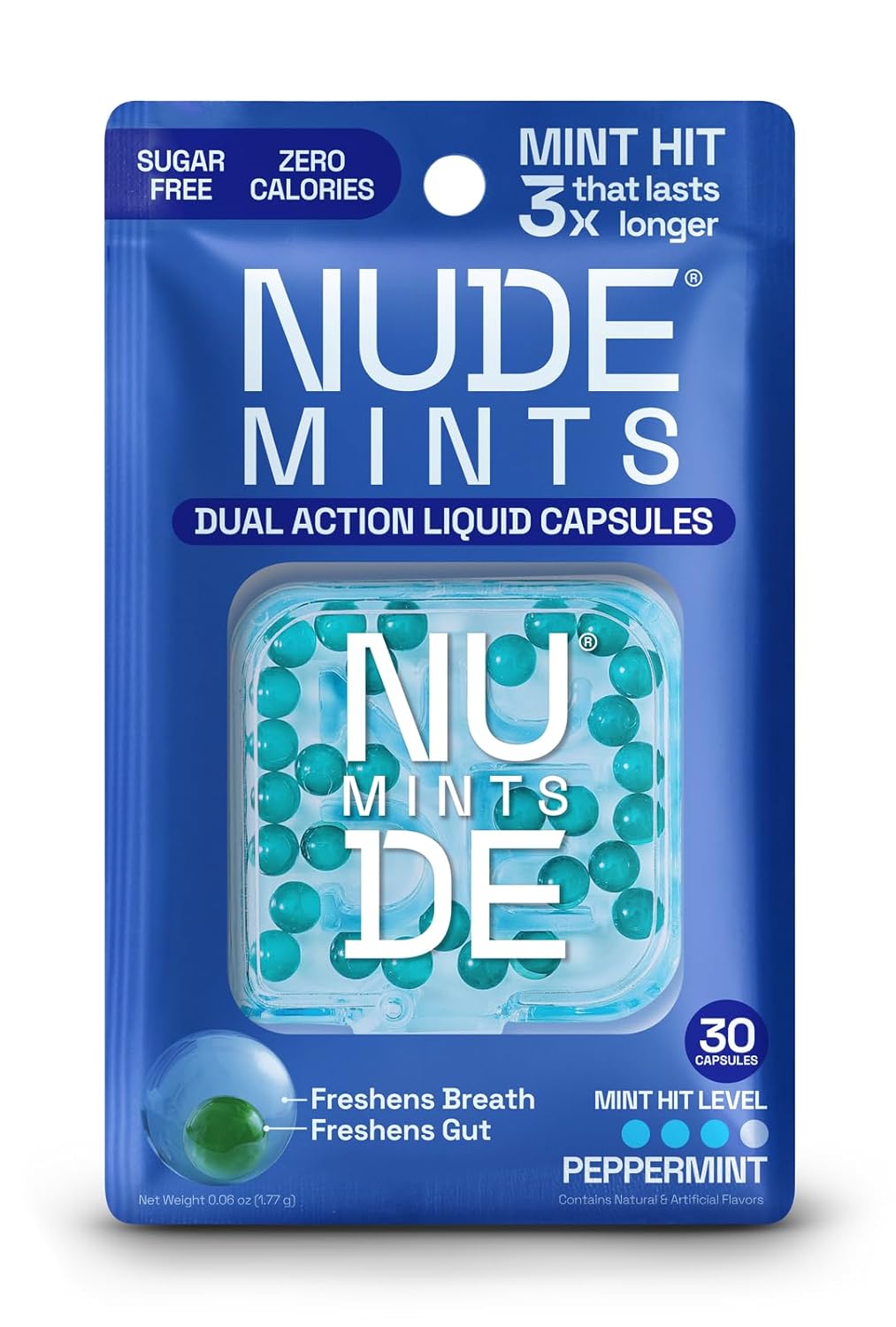 NUDE MINTS | Dual Action Liquid Capsules | Mouth Watering Mint - Lasts 3X Longer - 3X Stronger - Extreme Bad Breath Treatment For Adults - Sugar Free, 0 Calorie - Peppermint - 5 Pack - 150 Capsules