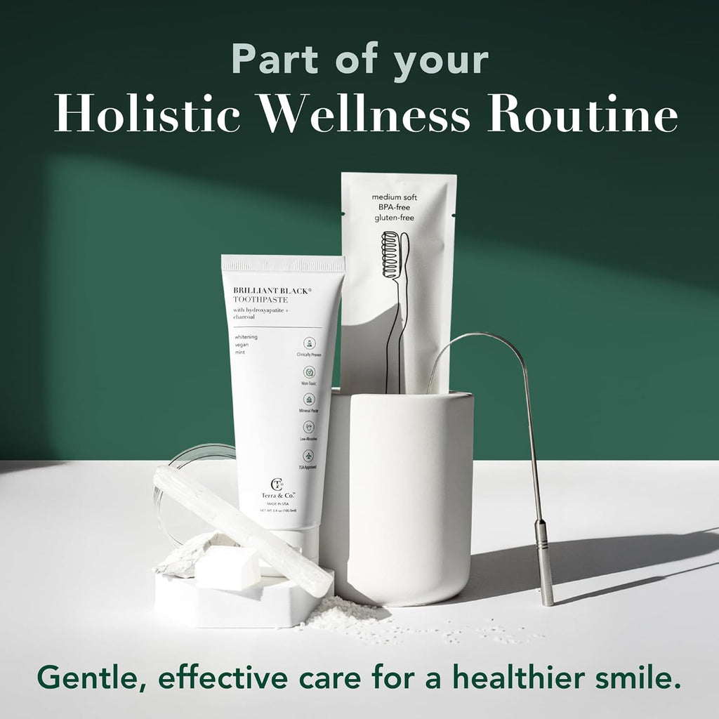 Terra & Co. Brilliant Black Hydroxyapatite Toothpaste for Whitening Teeth – USA-Made - Natural Remineralizing Toothpaste, Fluoride-Free, Vegan, SLS-Free, Low Abrasion – Mint, 3.4 oz