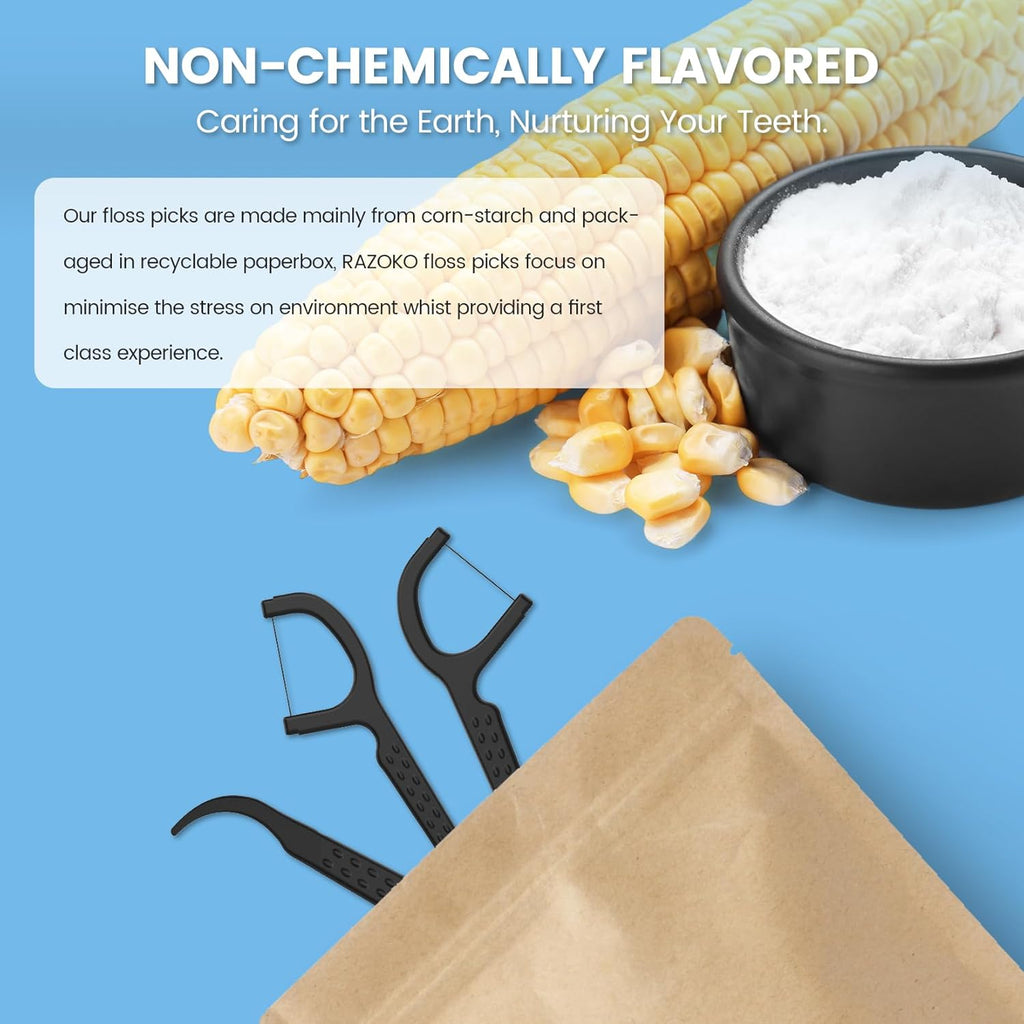 RAZOKO Natural Dental Floss Picks High Toughness Charcoal Toothpicks Sticks-Vegan,Eco-Friendly Sustainable Flossers for Teeth Cleaning 100 Count